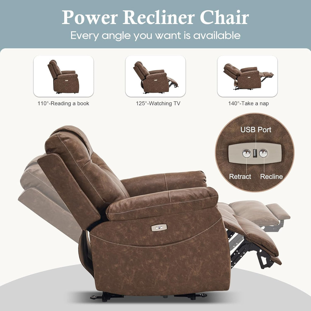 Electric Recliner with Heat & Massage, Leather Recliner Chair with Extended Footrest, Power Recliner Chair with USB Ports B1179