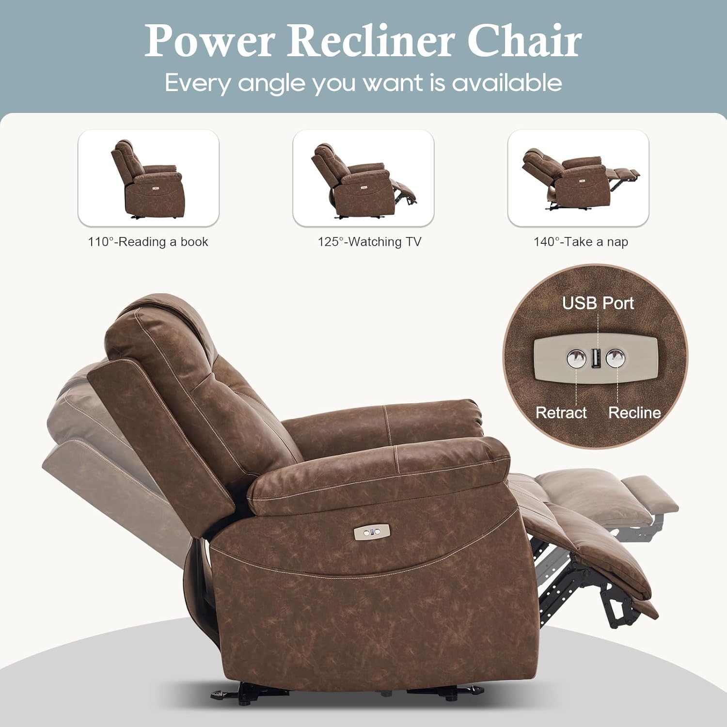 Electric Recliner with Heat & Massage, Leather Recliner Chair with Extended Footrest, Power Recliner Chair with USB Ports B1179