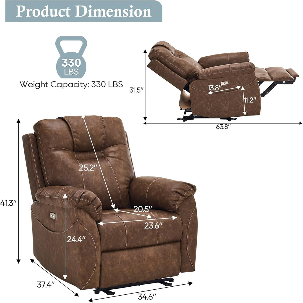 Electric Recliner with Heat & Massage, Leather Recliner Chair with Extended Footrest, Power Recliner Chair with USB Ports B1179