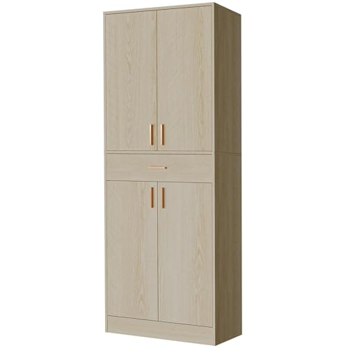 71" Tall 4 Doors Wood Freestanding Cupboard with Sliding Drawer and 2 Adjustable Shelves, Oak A42569