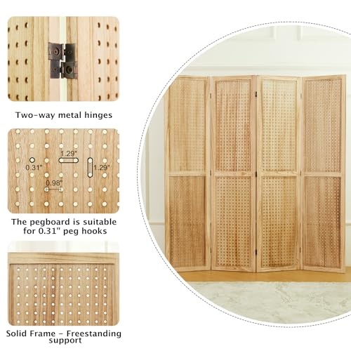 66.9inch Freestanding Folding Pegboard Privacy Screens 4 Panels White H7591