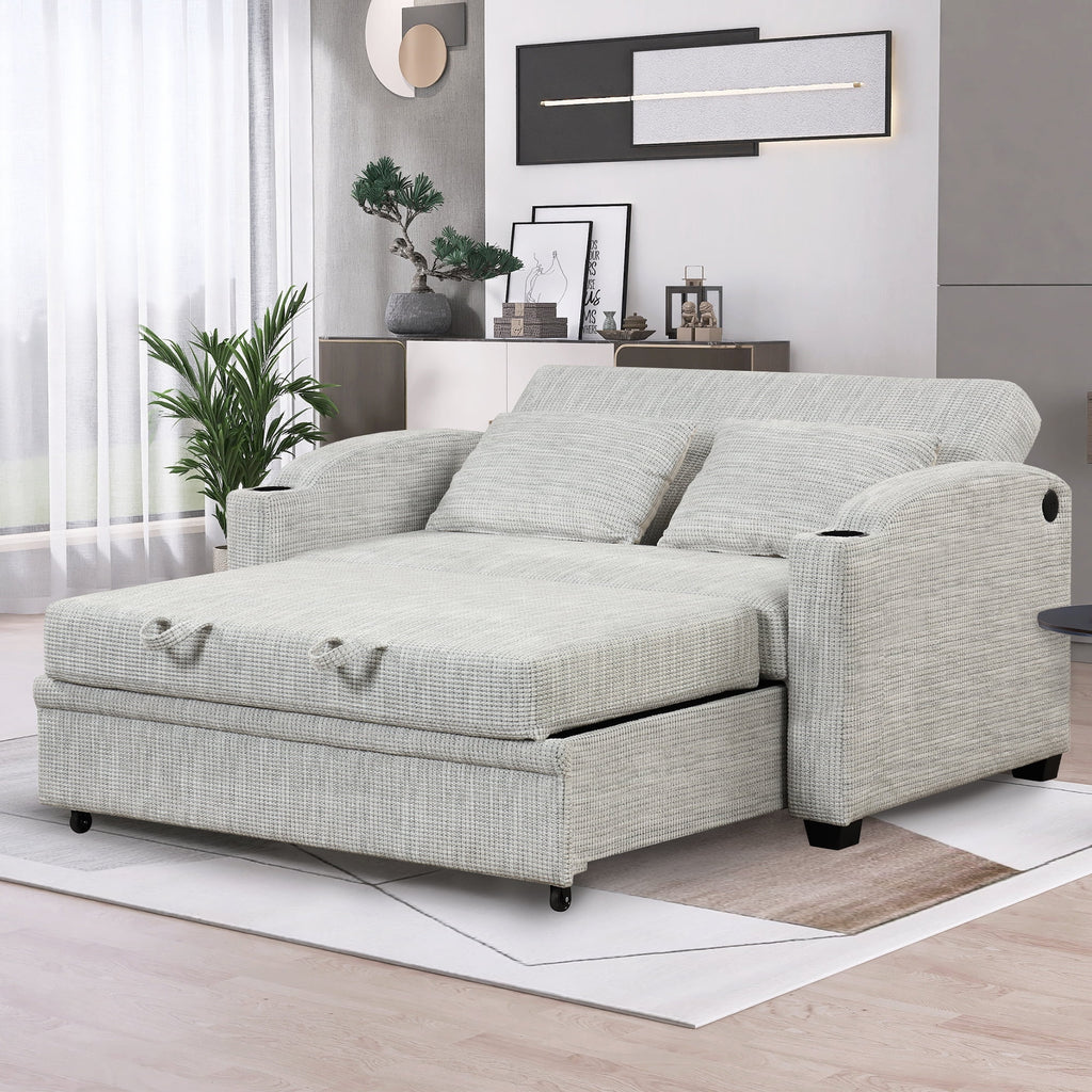 White Gray Chenille Convertible Loveseat Sofa with 2 Pillows T105