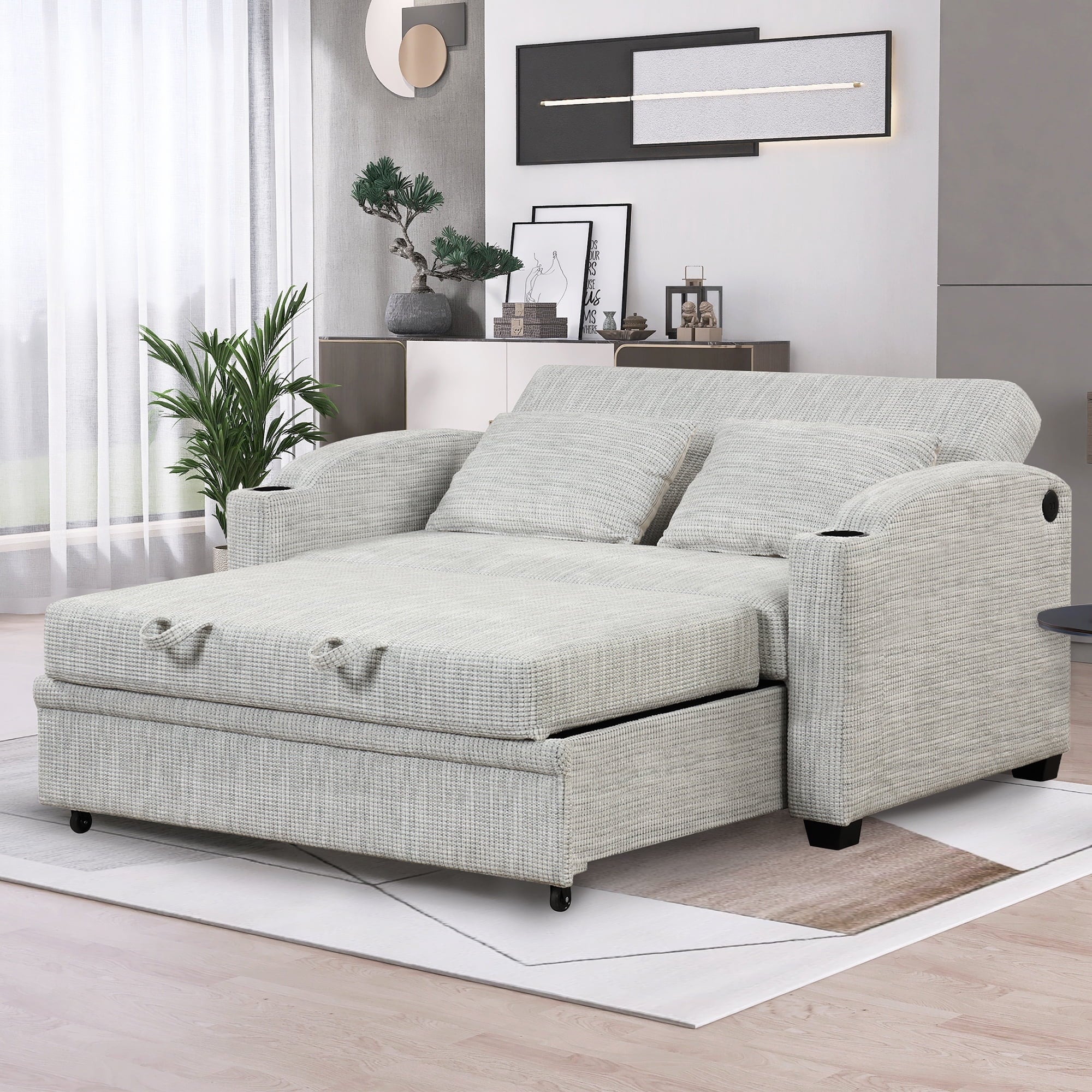 White Gray Chenille Convertible Loveseat Sofa with 2 Pillows T105