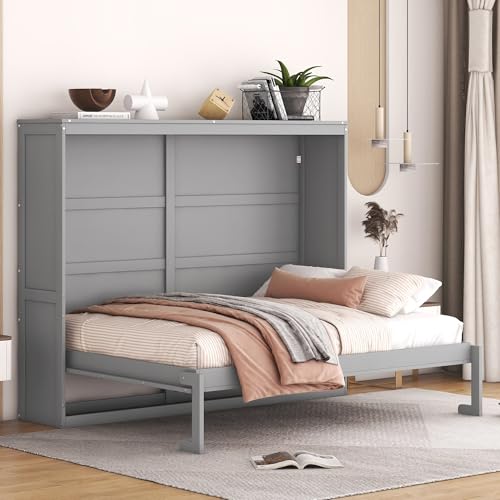 Gray Queen Size Murphy Bed with Storage Shelves and LED Lights U29548