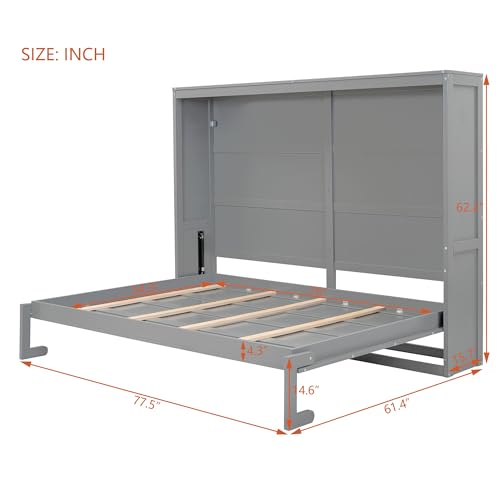 Gray Queen Size Murphy Bed with Storage Shelves and LED Lights U29548