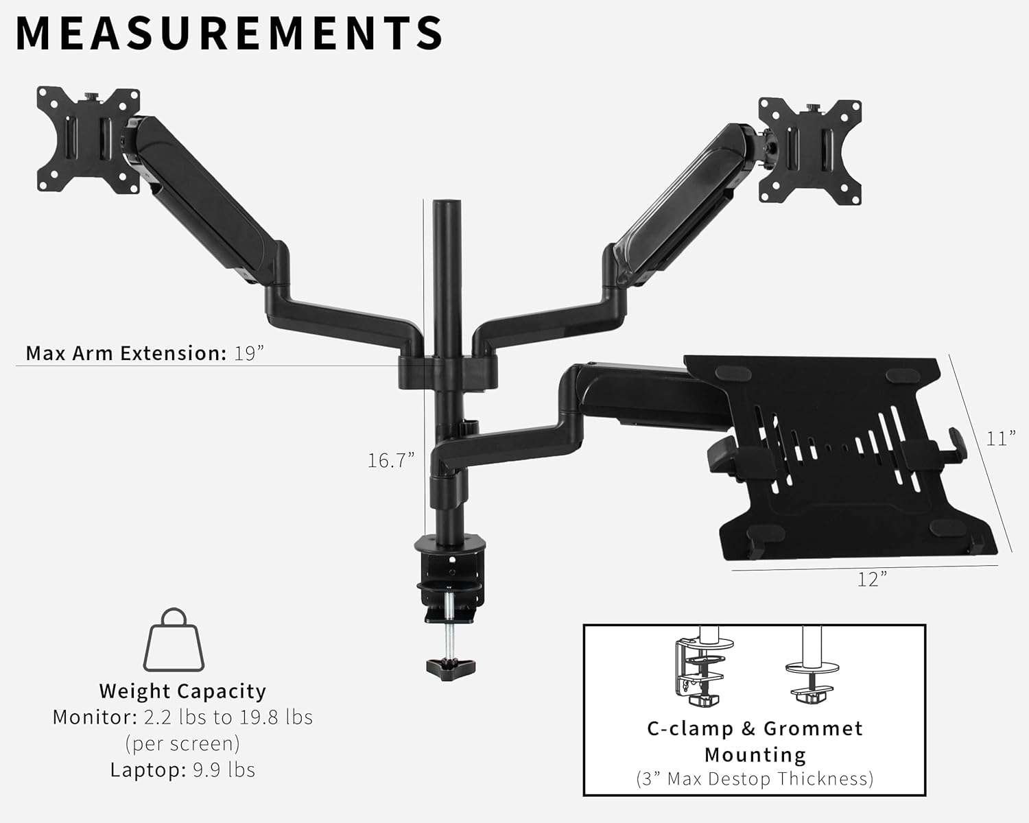 Black Pneumatic Arm Mount for Laptop and Dual 17 to 32 Inch Monitors M527