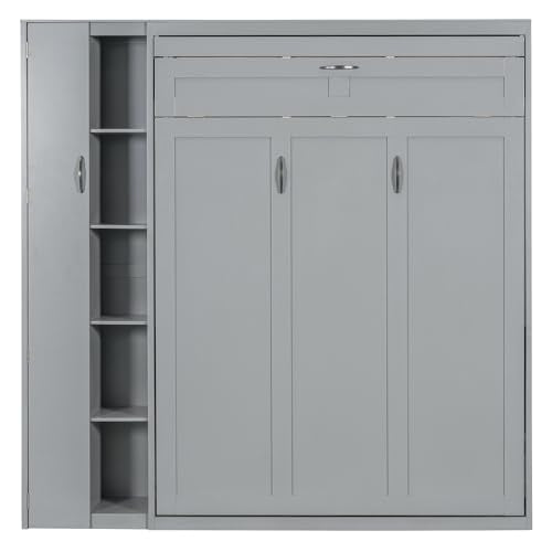 Gray Queen Size Murphy Bed with Storage Shelves and LED Lights U29548