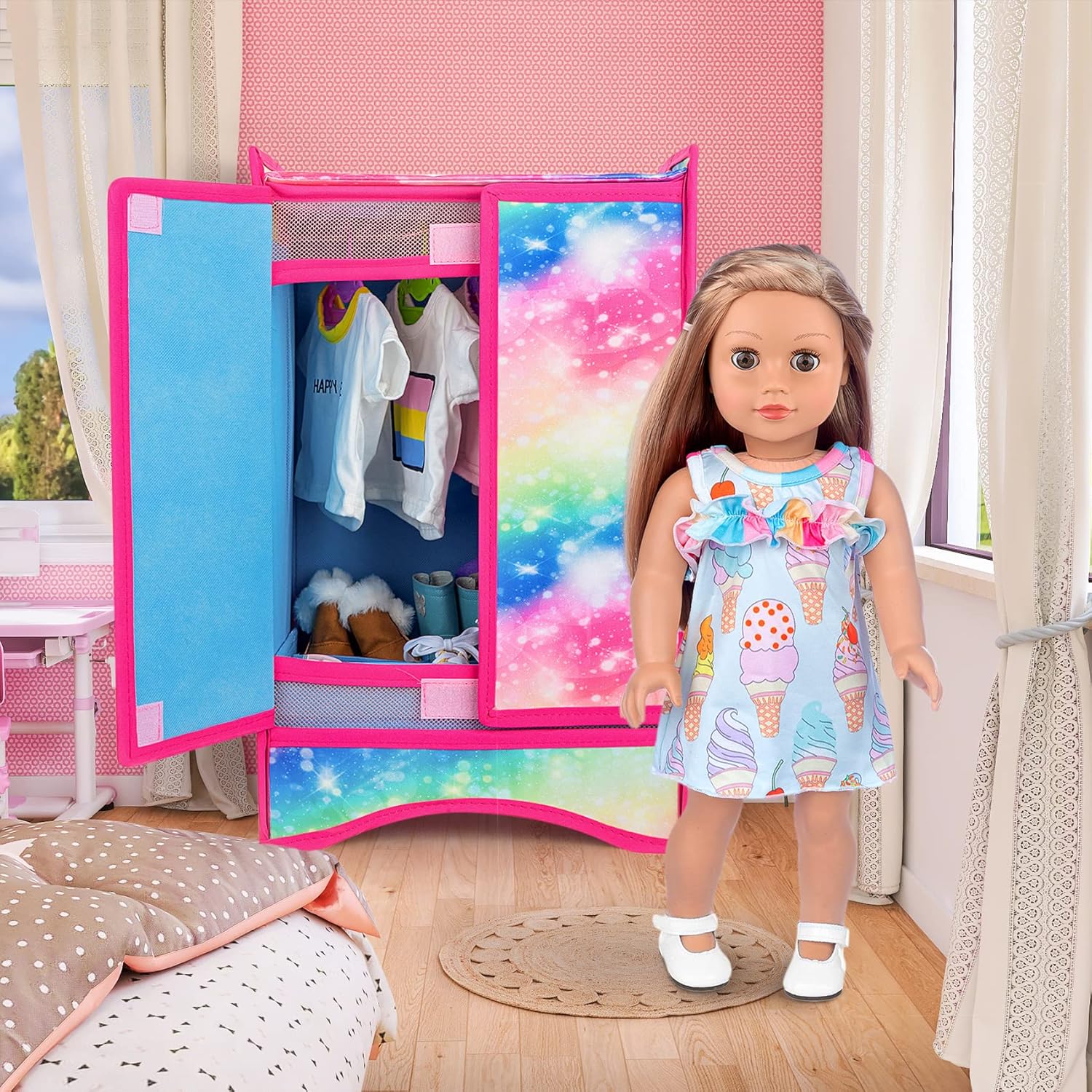 18 Inch Doll Clothes Wardrobe with Hangers and Storage Box W13521