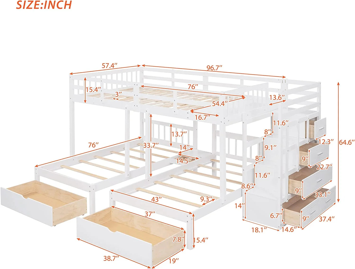 White Wood Triple Bunk Bed with Drawers and Guardrails R31357