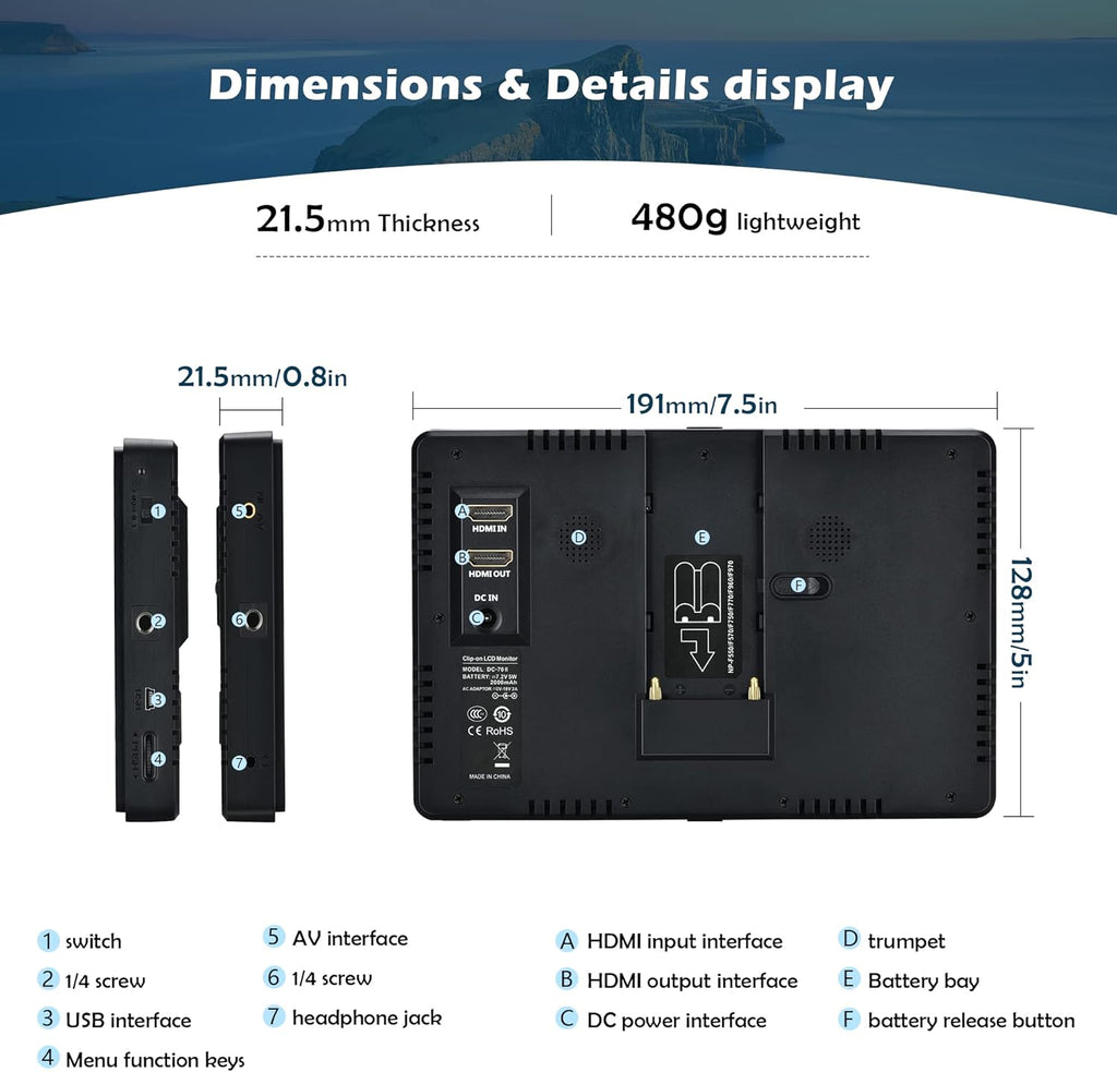 7 inch 4K Camera Field Monitor with HDMI Input/Output O889829