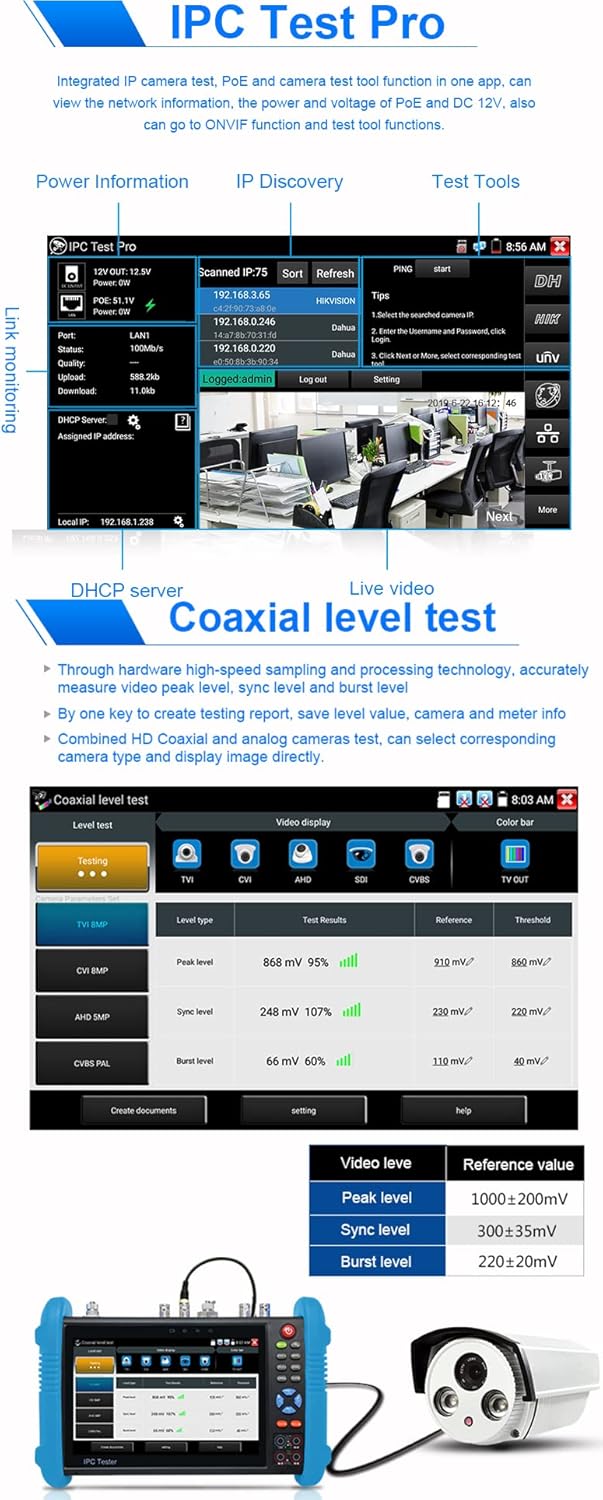 7'' IPS Touch Screen WiFi 4K H.265 HDMI 8MP CVI TVI AHD SDI CVBS Camera Tester Q82964
