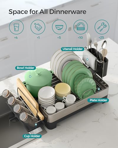 Large Stainless Steel Dish Drying Rack with Rotatable Spout, 12.5 x 22.5 in, Silver and Gray M671