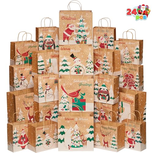 24 PCS Christmas Kraft Gift Bags with Assorted Sizes U541347