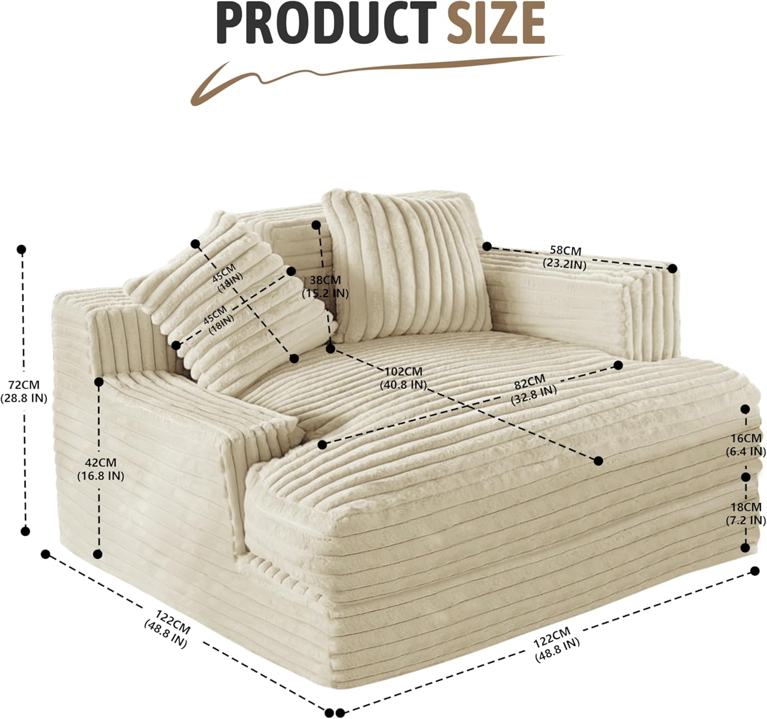 Oversized Chaise Lounge Sofa with 2 Throw Pillows V708