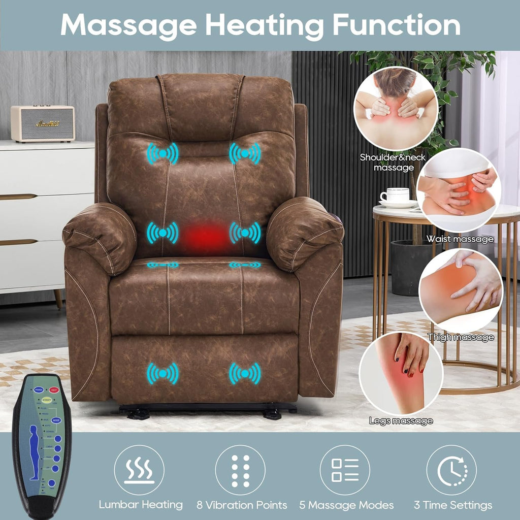Electric Recliner with Heat & Massage, Leather Recliner Chair with Extended Footrest, Power Recliner Chair with USB Ports B1179