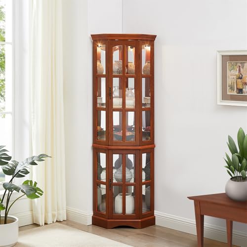 Oak Corner Curio Display Cabinet with 5 Shelves and Lighting System, Tempered Glass Doors O3623
