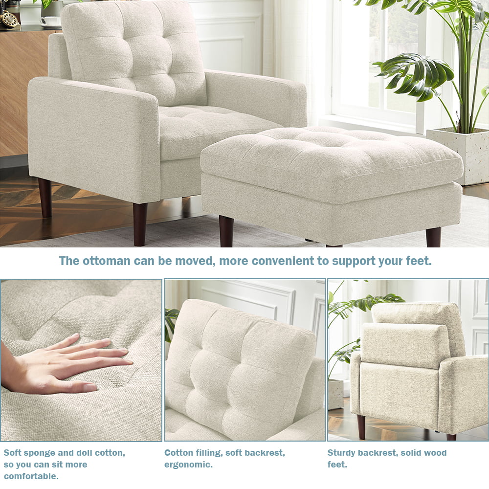 Beige Fabric Accent Chair with Ottoman and Solid Wood Legs P213482