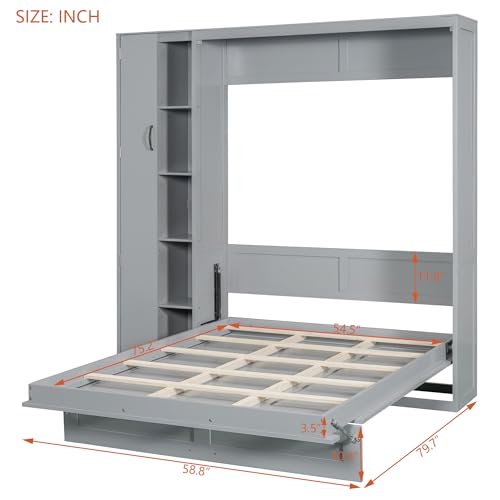 Gray Queen Size Murphy Bed with Storage Shelves and LED Lights U29548