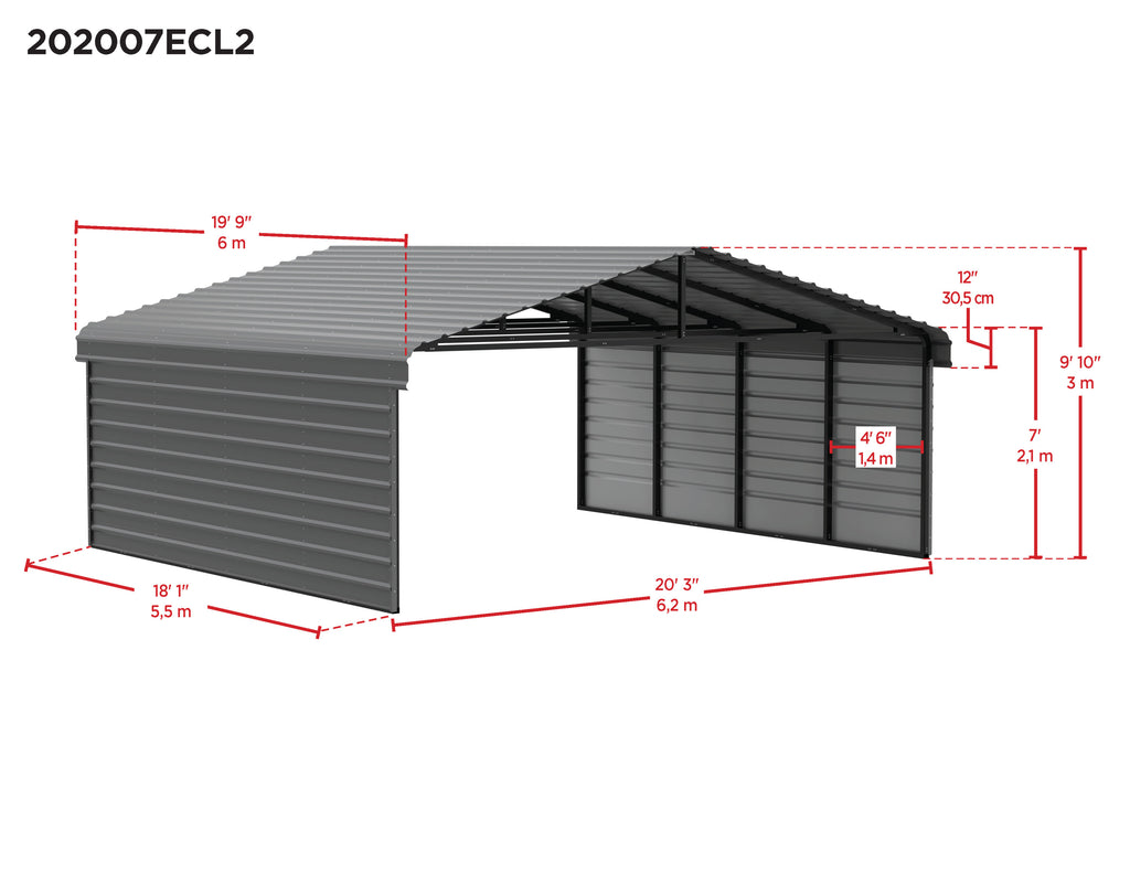 Galvanized Steel Carport with 2-Sided Enclosure, 20' x 20' x 7' , Charcoal F1035