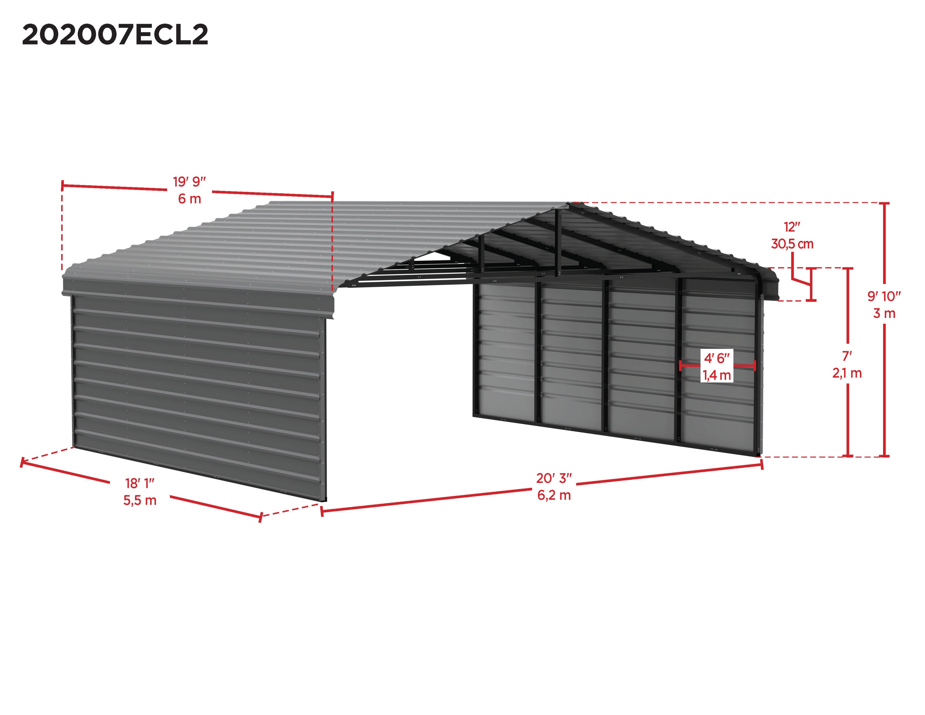 Galvanized Steel Carport with 2-Sided Enclosure, 20' x 20' x 7' , Charcoal F1035