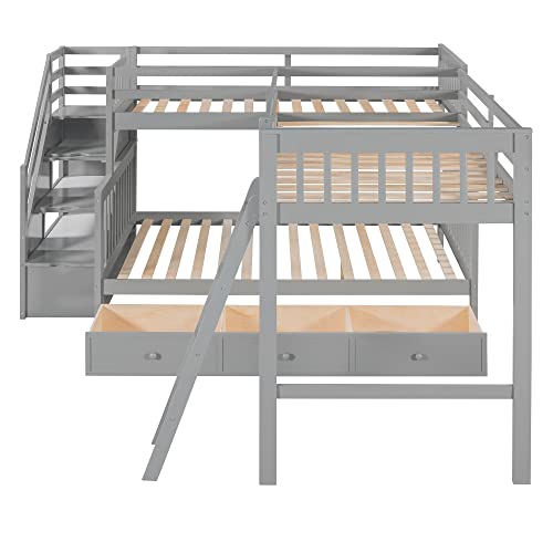Gray Wooden Triple Bunk Bed with Storage Drawers J157060