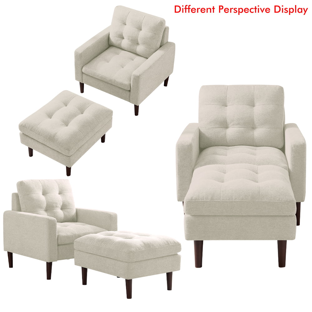 Beige Fabric Accent Chair with Ottoman and Solid Wood Legs P213482
