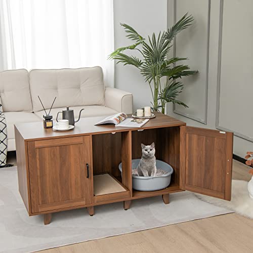 Grey Oak Double Cat Litter Box Enclosure with Scratching Board B5754