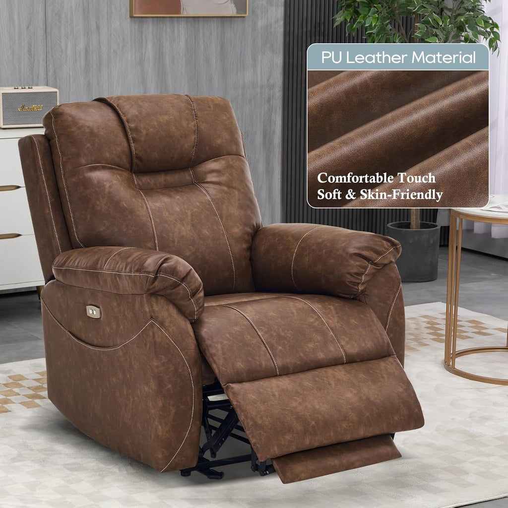 Electric Recliner with Heat & Massage, Leather Recliner Chair with Extended Footrest, Power Recliner Chair with USB Ports B1179