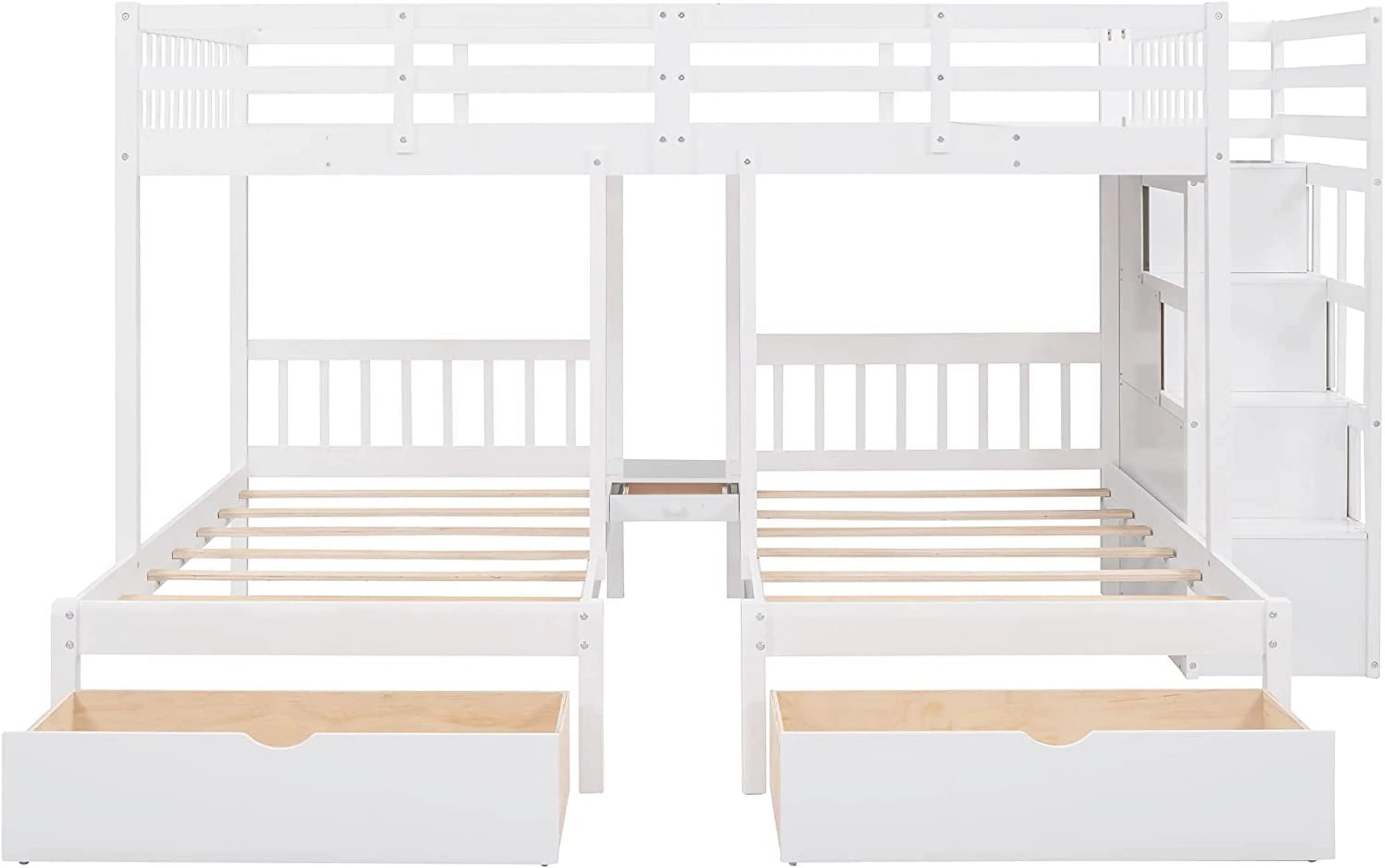 White Wood Triple Bunk Bed with Drawers and Guardrails R31357