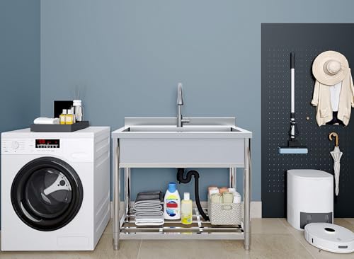 Stainless Steel Single Bowl Freestanding Utility Sink with Pull-Out Faucet, W35.4" x D22.4" x H37" C217