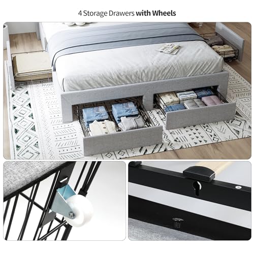 Queen Bed Frame with Storage Headboard & 4 Drawers, LED Upholstered, Light Grey Y2049