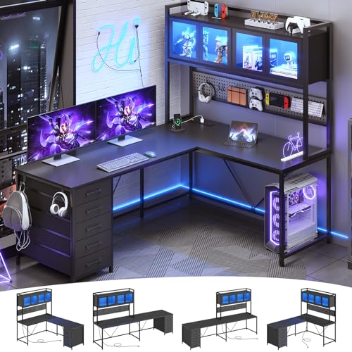 Rustic Brown L Shaped Gaming Desk with Drawers, Hutch, Storage Shelves, Pegboard, Led Lights, and Power Outlet K519434