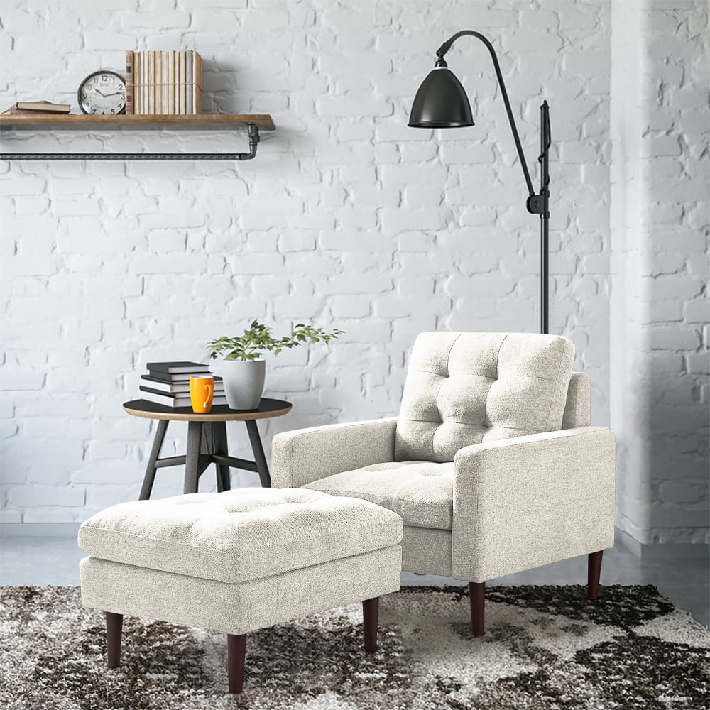 Beige Fabric Accent Chair with Ottoman and Solid Wood Legs P213482