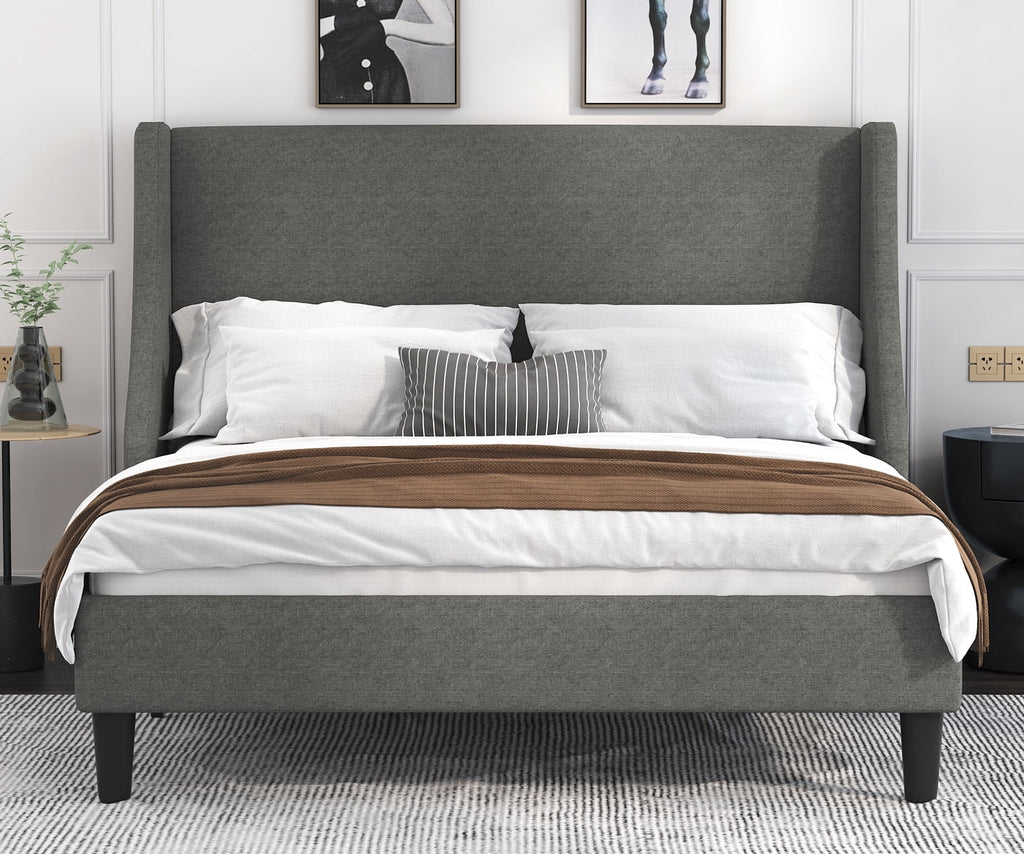 Full Size Fabric Upholstered Platform Bed Frame with Wingback Headboard, Light Grey X859