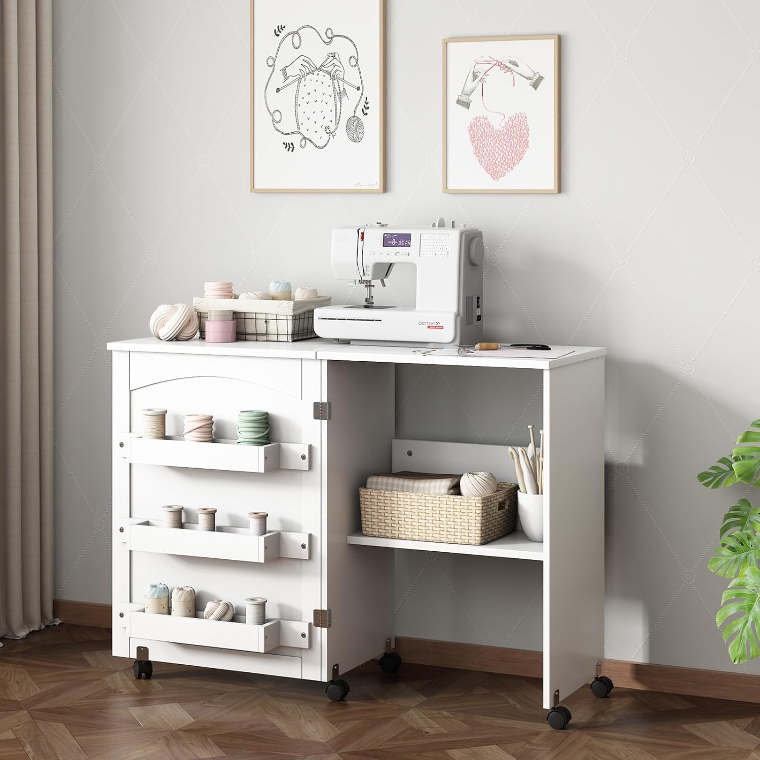 White Folding Sewing Craft Cart with Storage Shelves and Lockable Casters O78634