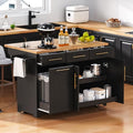 Black Farmhouse Kitchen Island with Drop Leaf, Barn Door, 3 Drawers, Adjustable Shelf, Spice Rack, 56" D474