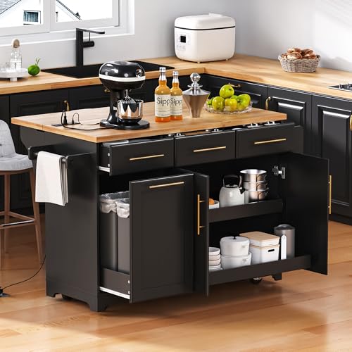 Black Farmhouse Kitchen Island with Drop Leaf, Barn Door, 3 Drawers, Adjustable Shelf, Spice Rack, 56" D474