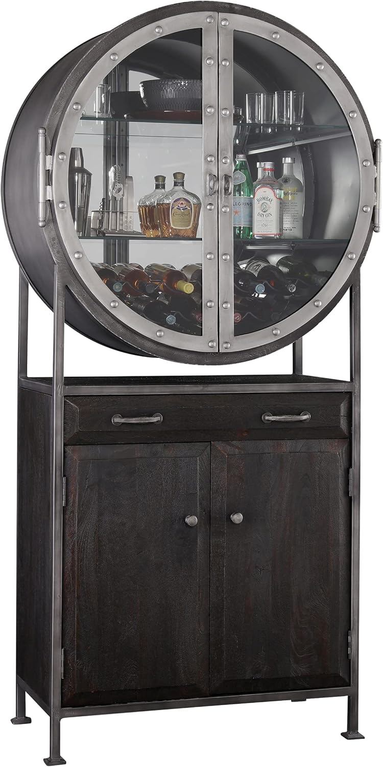 Aged Mocha Wine & Bar Cabinet with Metal Frame and 19-Bottle Wine Rack E46664