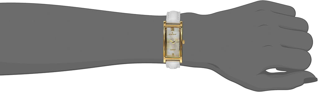 14K Gold Plated White Mother of Pearl Roman Numeral White Leather Thin Strap Dress Watch V409