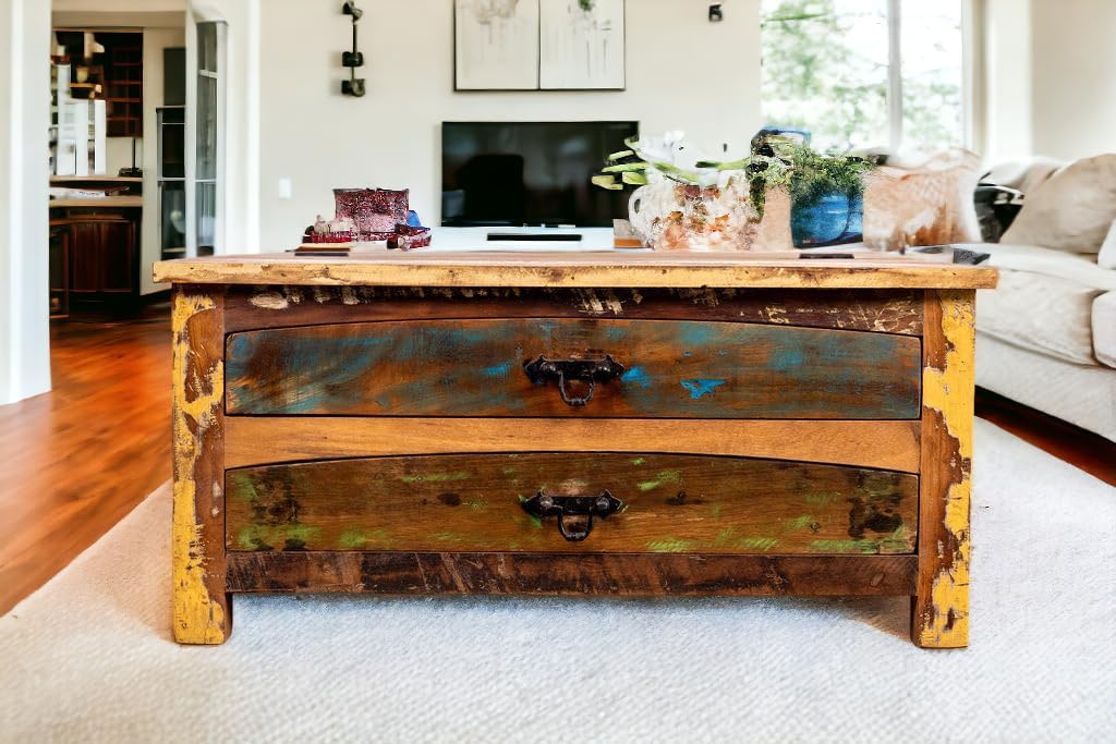 Solid Reclaimed Wood Coffee Table with Two Drawers and Hidden Trunk Storage B19506