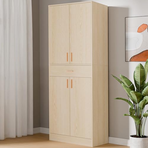 71" Tall 4 Doors Wood Freestanding Cupboard with Sliding Drawer and 2 Adjustable Shelves, Oak A42569