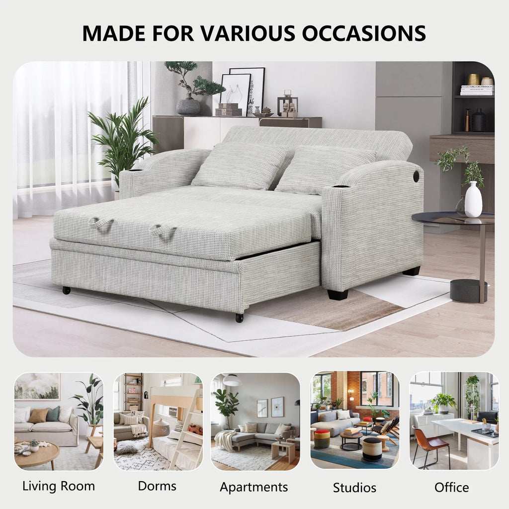 White Gray Chenille Convertible Loveseat Sofa with 2 Pillows T105