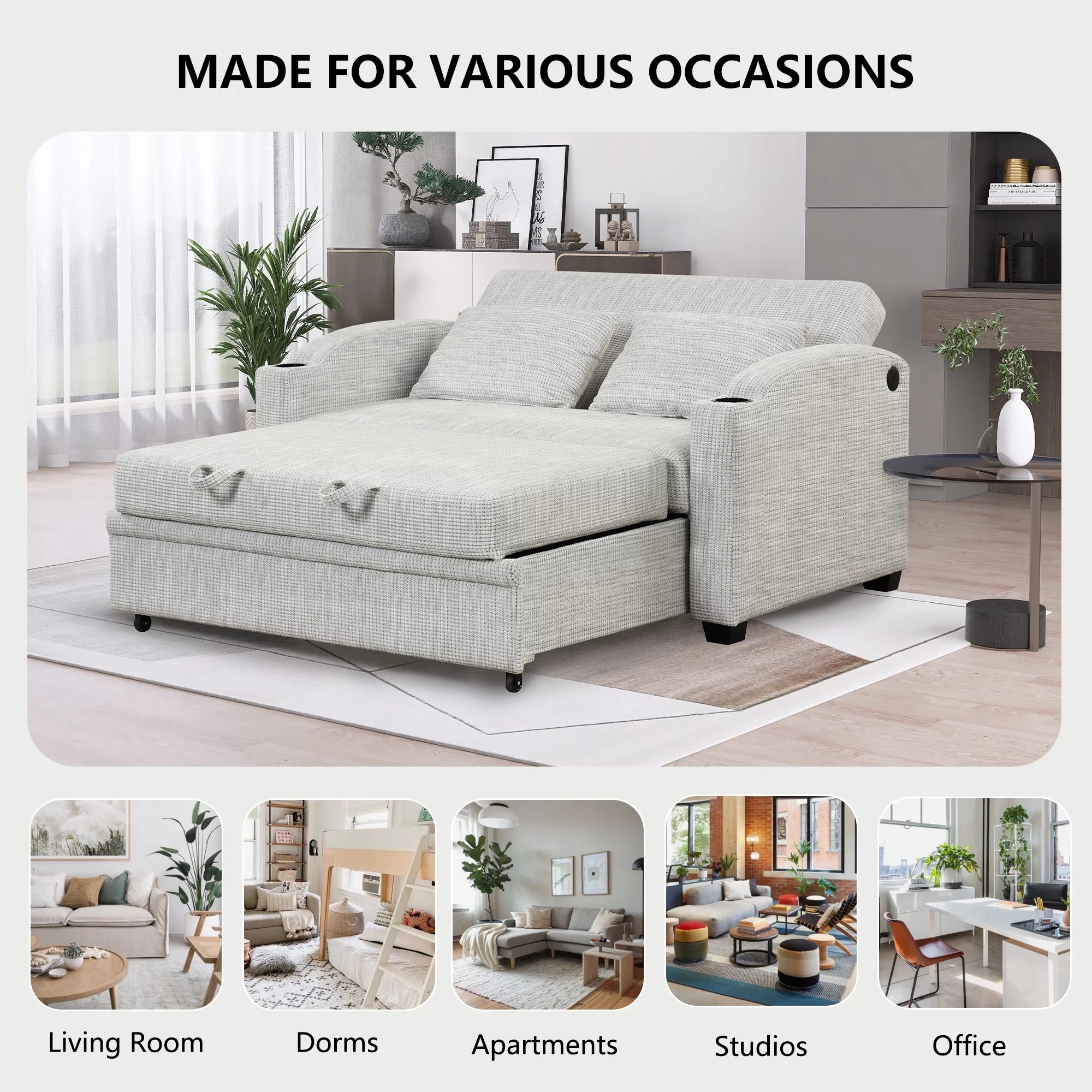 White Gray Chenille Convertible Loveseat Sofa with 2 Pillows T105