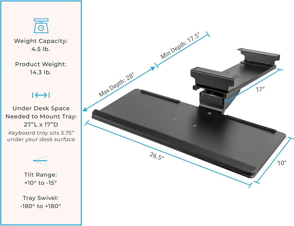 Under Desk Keyboard Tray, Adjustable Tilting Keyboard Shelf, Screw On Under Desk Storage with Cable Clips (26.5in x 10in / Black) T812503