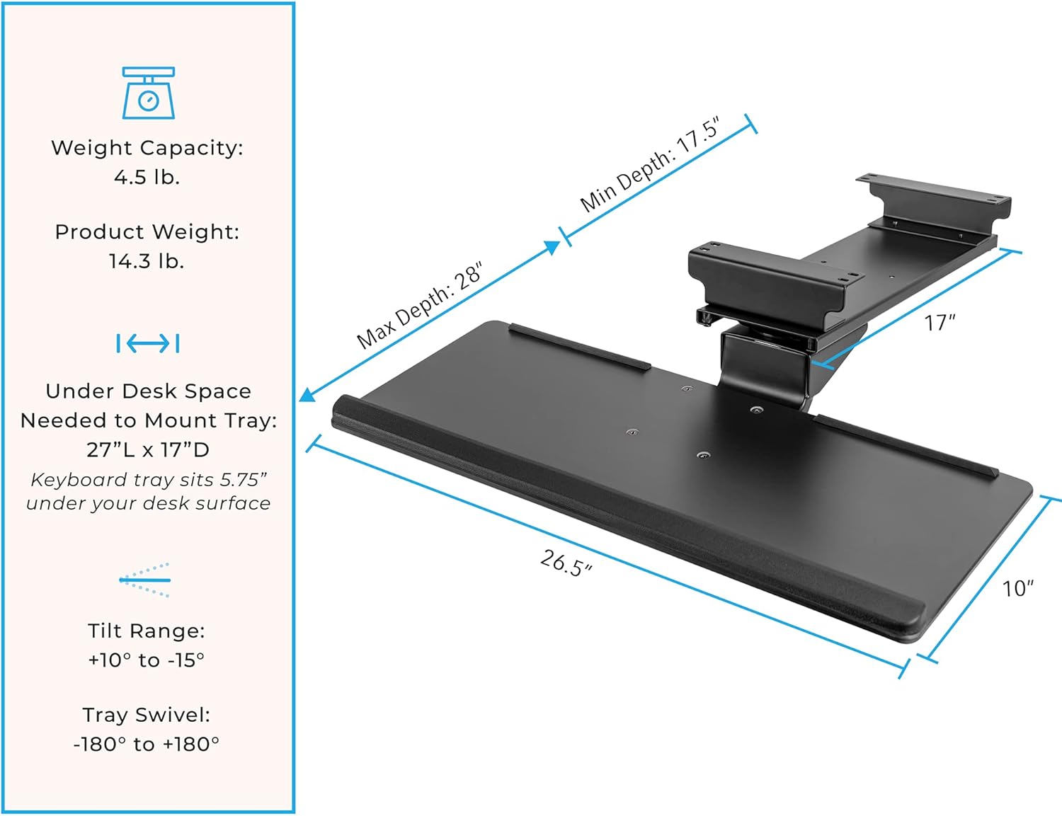 Under Desk Keyboard Tray, Adjustable Tilting Keyboard Shelf, Screw On Under Desk Storage with Cable Clips (26.5in x 10in / Black) T812503