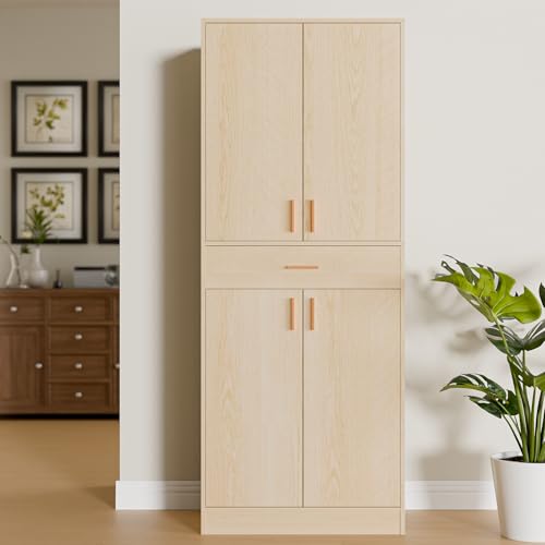 71" Tall 4 Doors Wood Freestanding Cupboard with Sliding Drawer and 2 Adjustable Shelves, Oak A42569