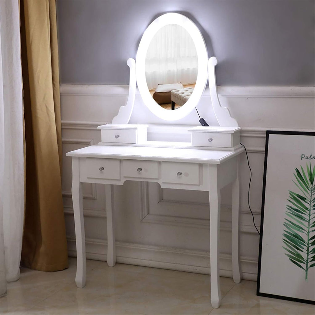 White Lighted Makeup Vanity Set with 10 Light Bulbs and 5 Sliding Drawers K122494