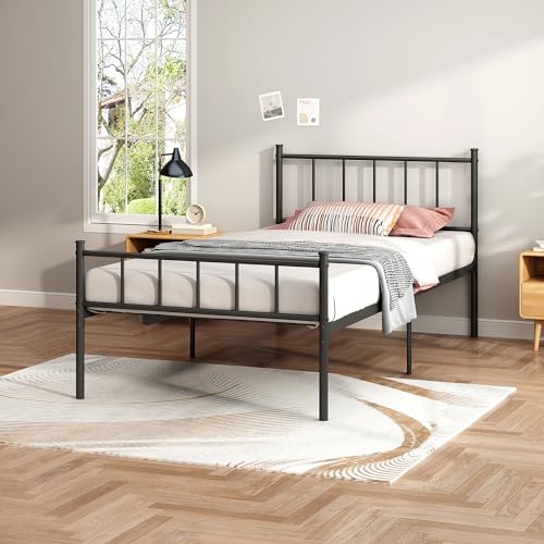 Black Metal Twin Size Platform Bed Frame with Headboard and Footboard T710036
