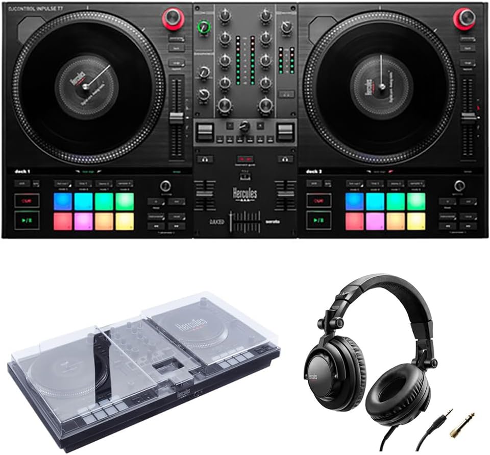 2 Deck Motorized DJ Controller with Cover and Closed-Back Headphones L64657