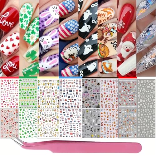 16 Sheets 7 Holiday Nail Art Stickers, Variety Pack All Season Nail Decals with Tweezers, 3D Self-Adhesive Nail Decoration X33993
